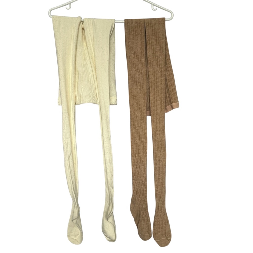 2 Pair Thick Opaque Tights Acrylic Nylon Blend Tan and Cream Vintage Size L